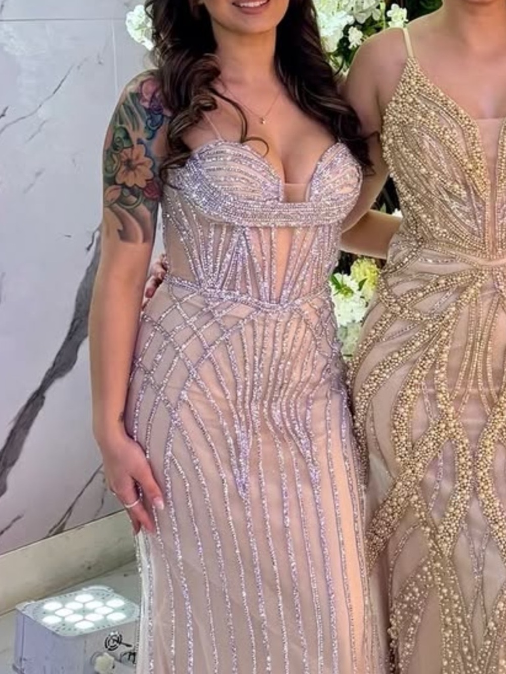 Elegant silver with nude under tone Evening Dress - Women
